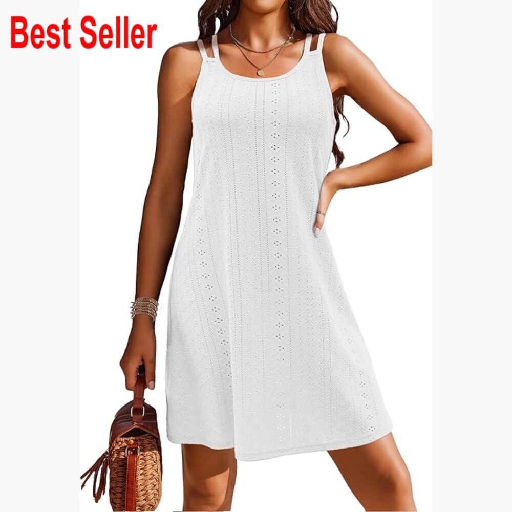 Crochet Fabric Swimsuit Cover Up Spaghetti Strap Eyelet Embroidery Scoop Neck